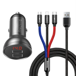 View product Baseus Car Charger with display 24W + Cable USB 3in1 Baseus Three Primary Colors 1,2m