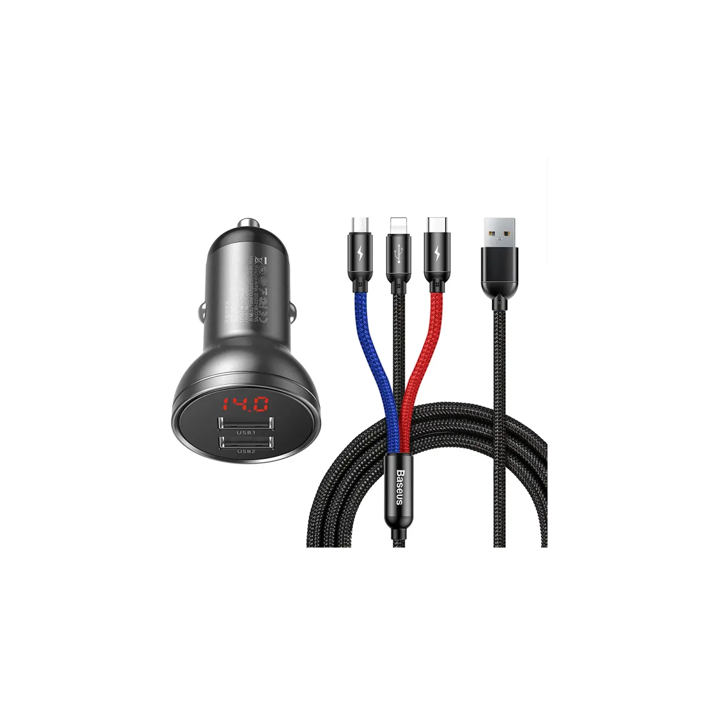 Baseus Car Charger with display 24W + Cable USB 3in1 Baseus Three Primary Colors 1,2m