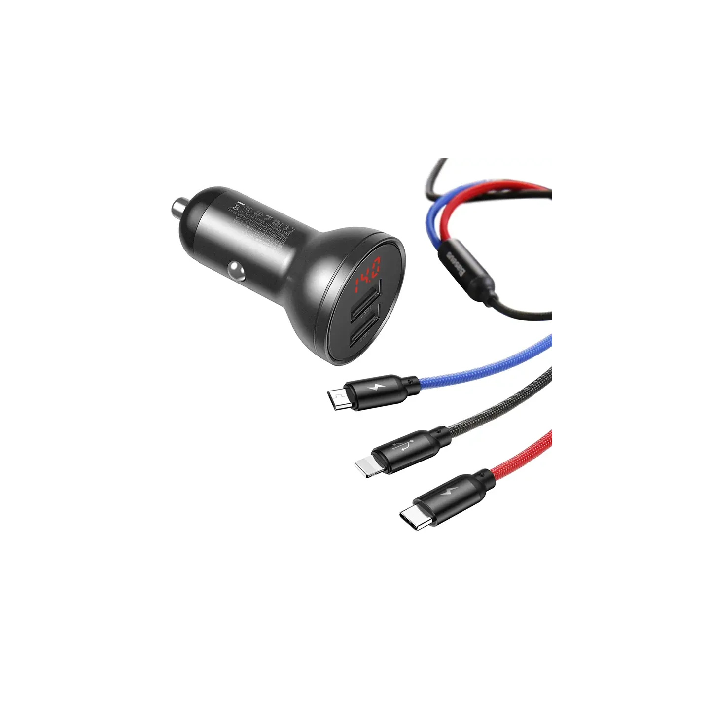 Baseus Car Charger with display 24W + Cable USB 3in1 Baseus Three Primary Colors 1,2m
