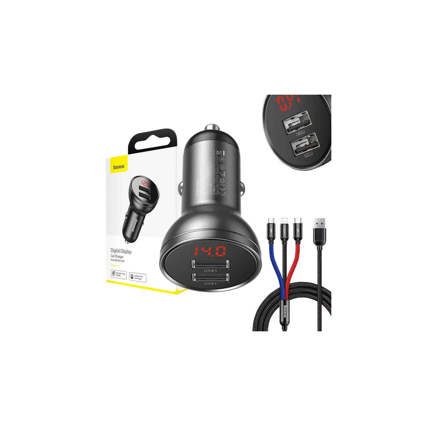 Baseus Car Charger with display 24W + Cable USB 3in1 Baseus Three Primary Colors 1,2m
