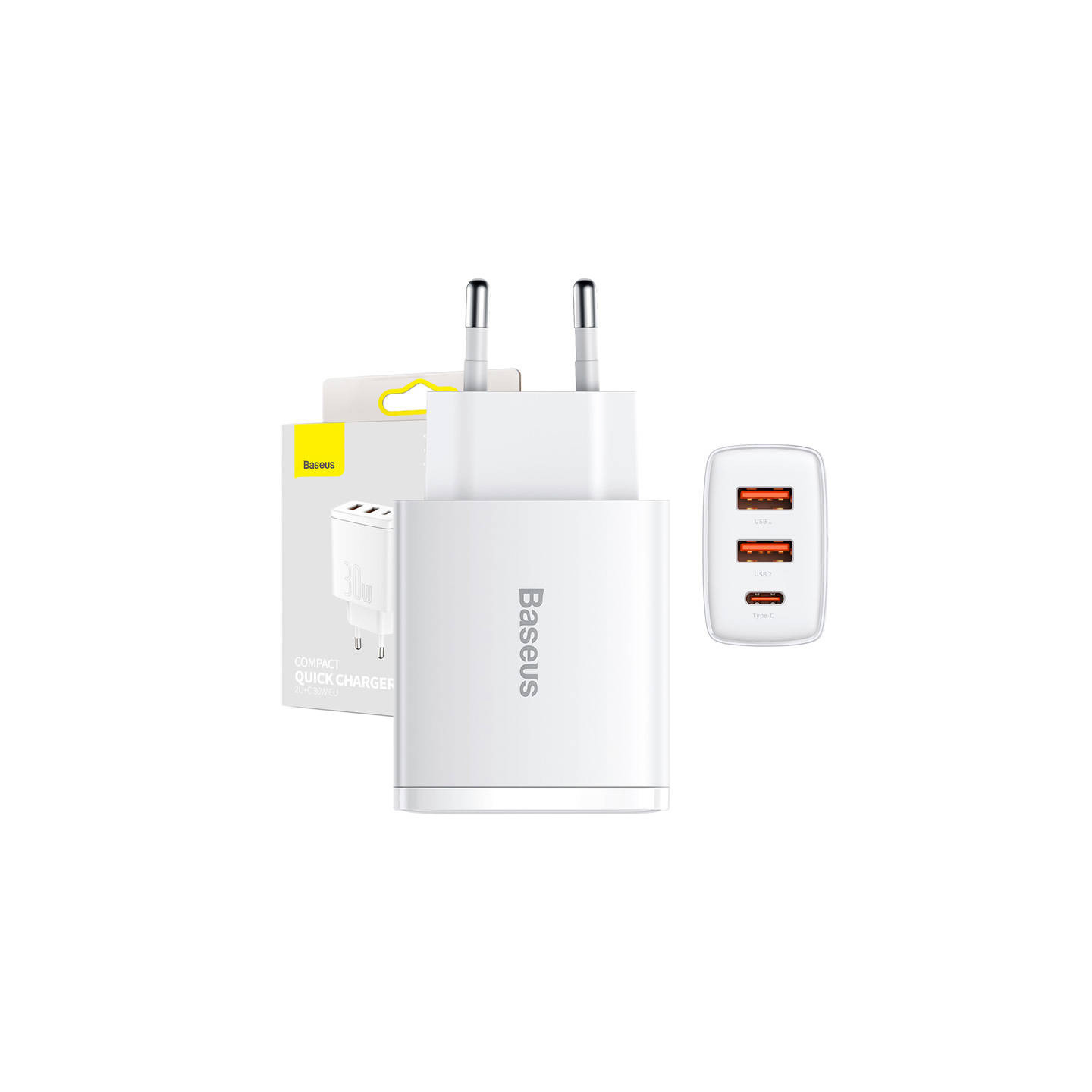 Baseus Compact Quick Charger, 2xUSB, USB-C, PD, 3A, 30W (white)