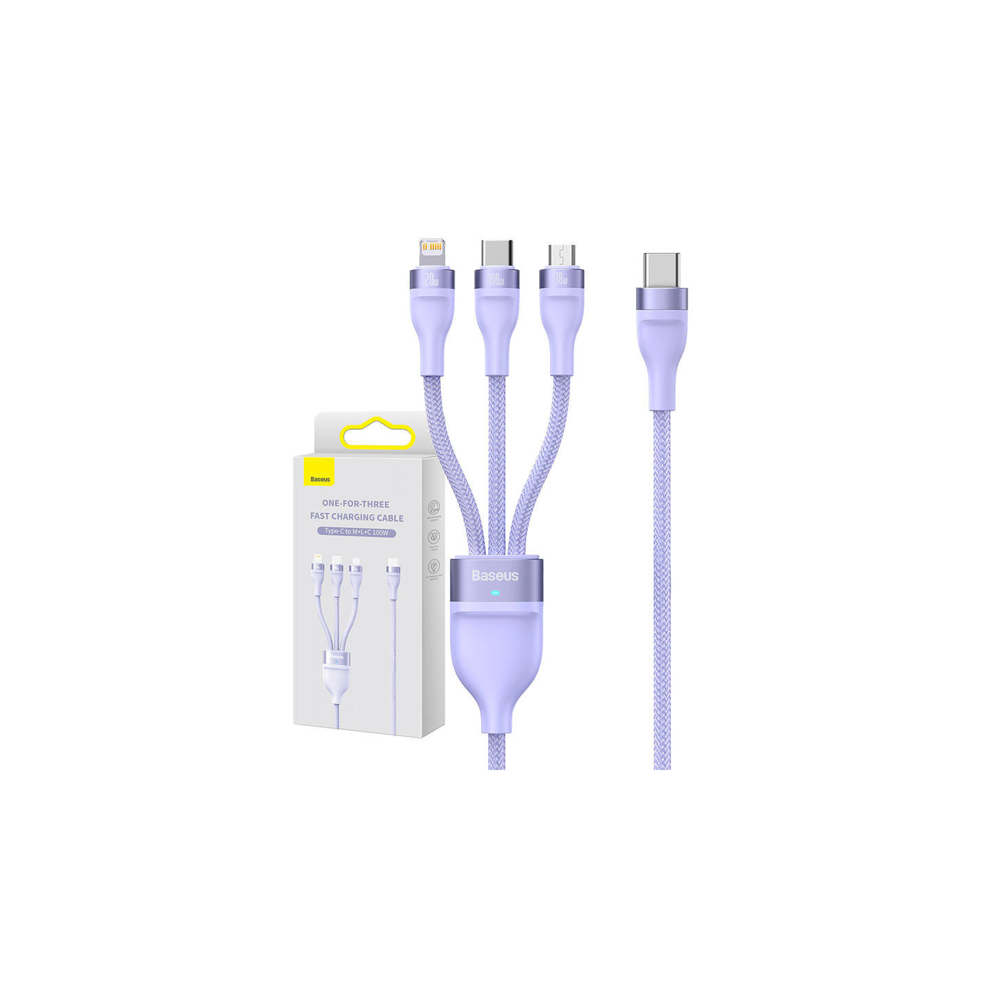 Kabel USB 3w1 Baseus Flash Series 2, USB-C + micro USB + Lightning, 100W, 1.5m (fioletowy)