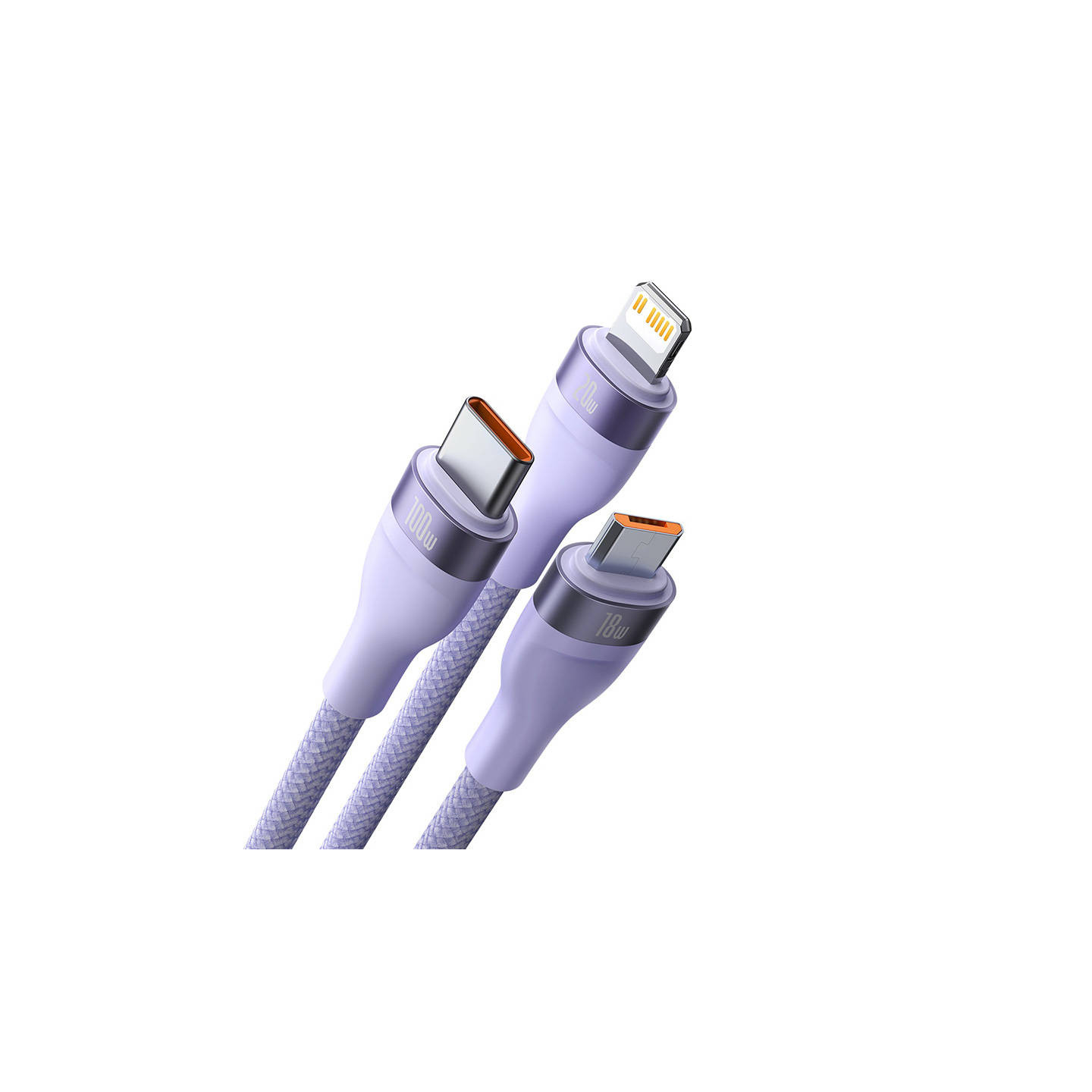 Kabel USB 3w1 Baseus Flash Series 2, USB-C + micro USB + Lightning, 100W, 1.5m (fioletowy)
