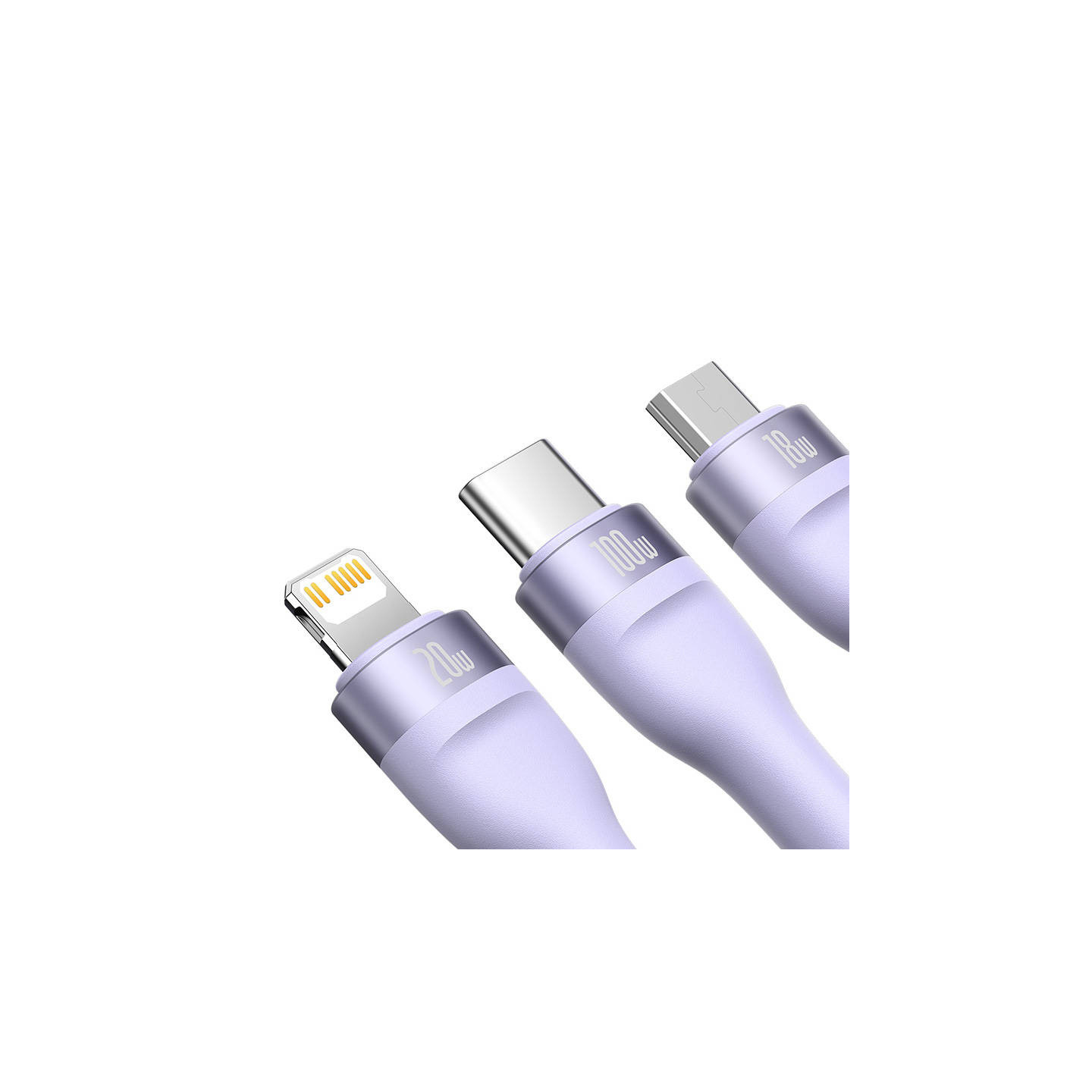 Kabel USB 3w1 Baseus Flash Series 2, USB-C + micro USB + Lightning, 100W, 1.5m (fioletowy)