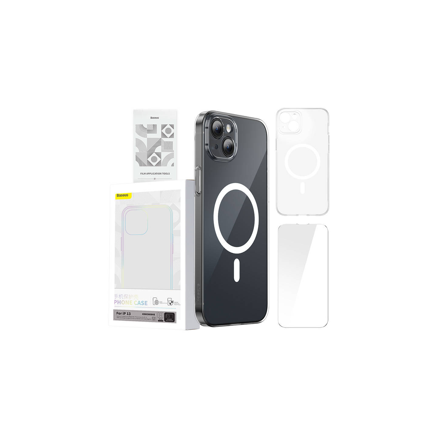 Phone case Baseus Magnetic Crystal Clear for iPhone 13 (transparent) with all-tempered-glass screen protector and cleaning kit