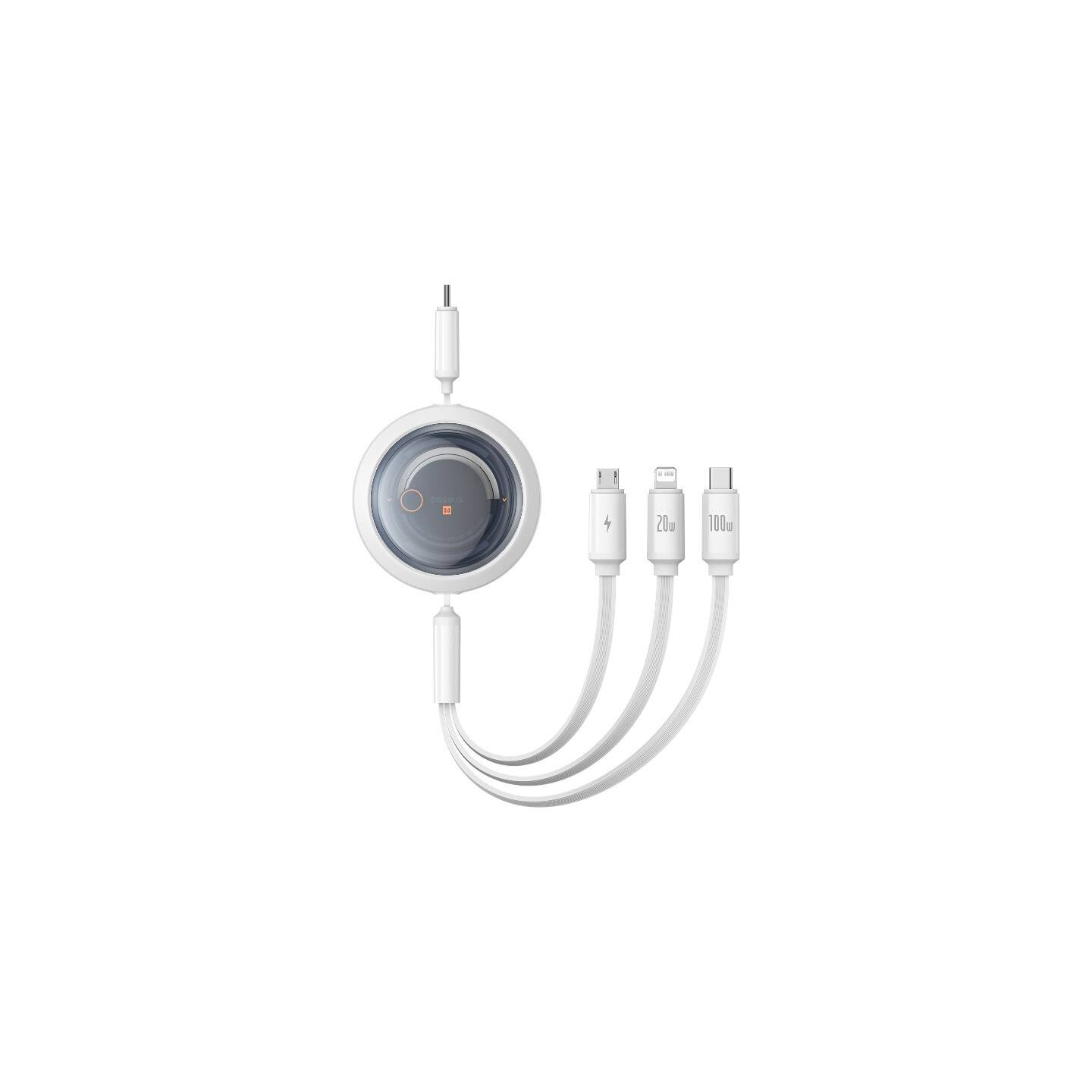 Fast Charging Cable 3in1 Baseus Free2Draw USB-C to USB-C/Lightning/Micro 100W, 1,1m (white)