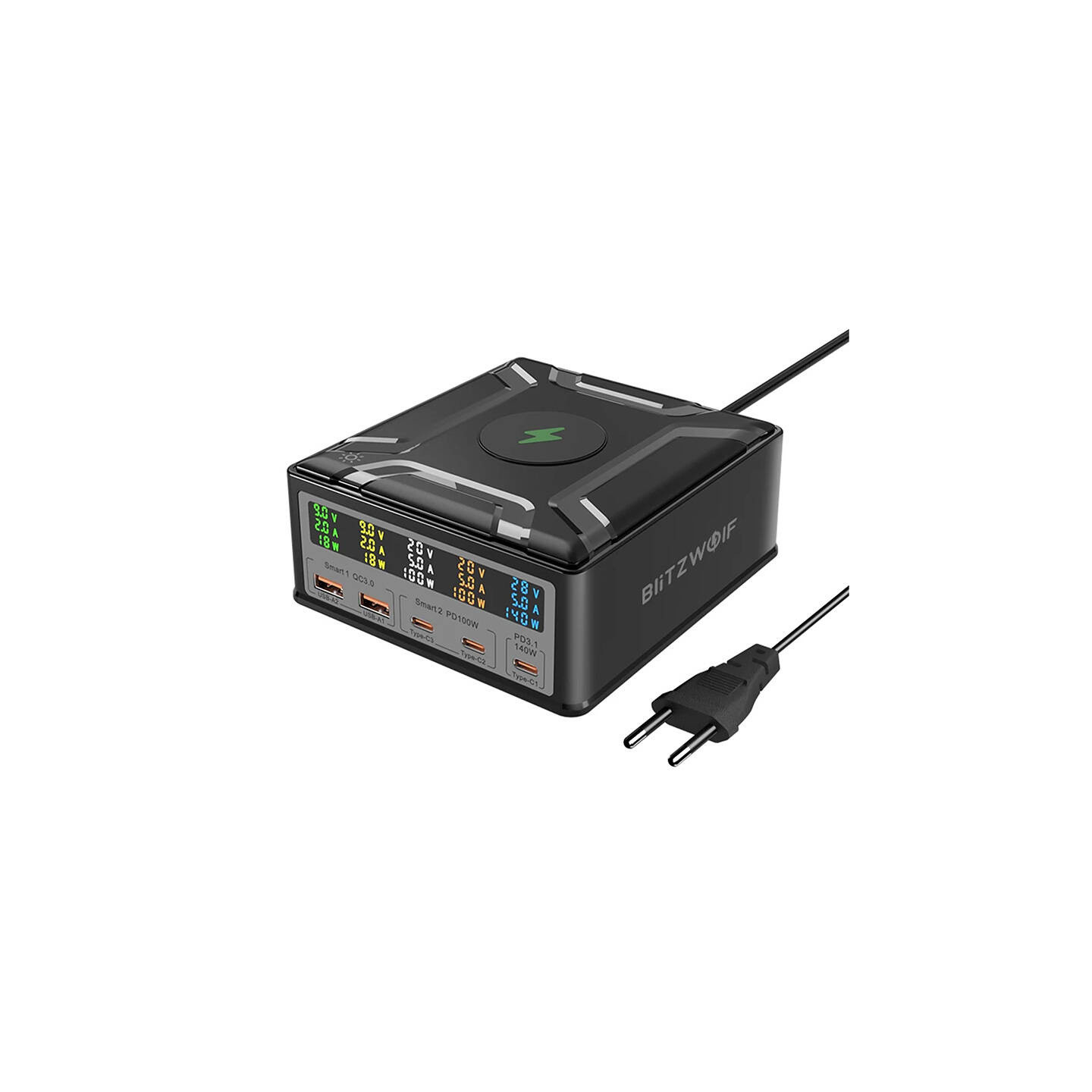 Blitzwolf BW-S28 260W, 2xUSB-A, 3xUSB-C, 15W wireless charger (black)