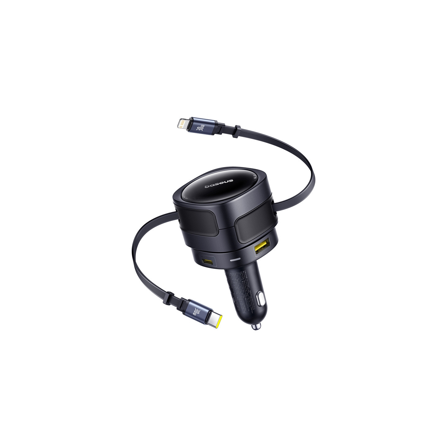 Baseus Enjoyment Max car charger with USB-C+Lightning cables and USB-A+USB-C ports 90W Black