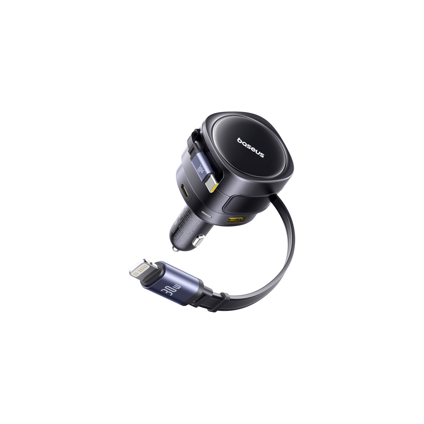 Baseus Enjoyment Max car charger with USB-C+Lightning cables and USB-A+USB-C ports 90W Black