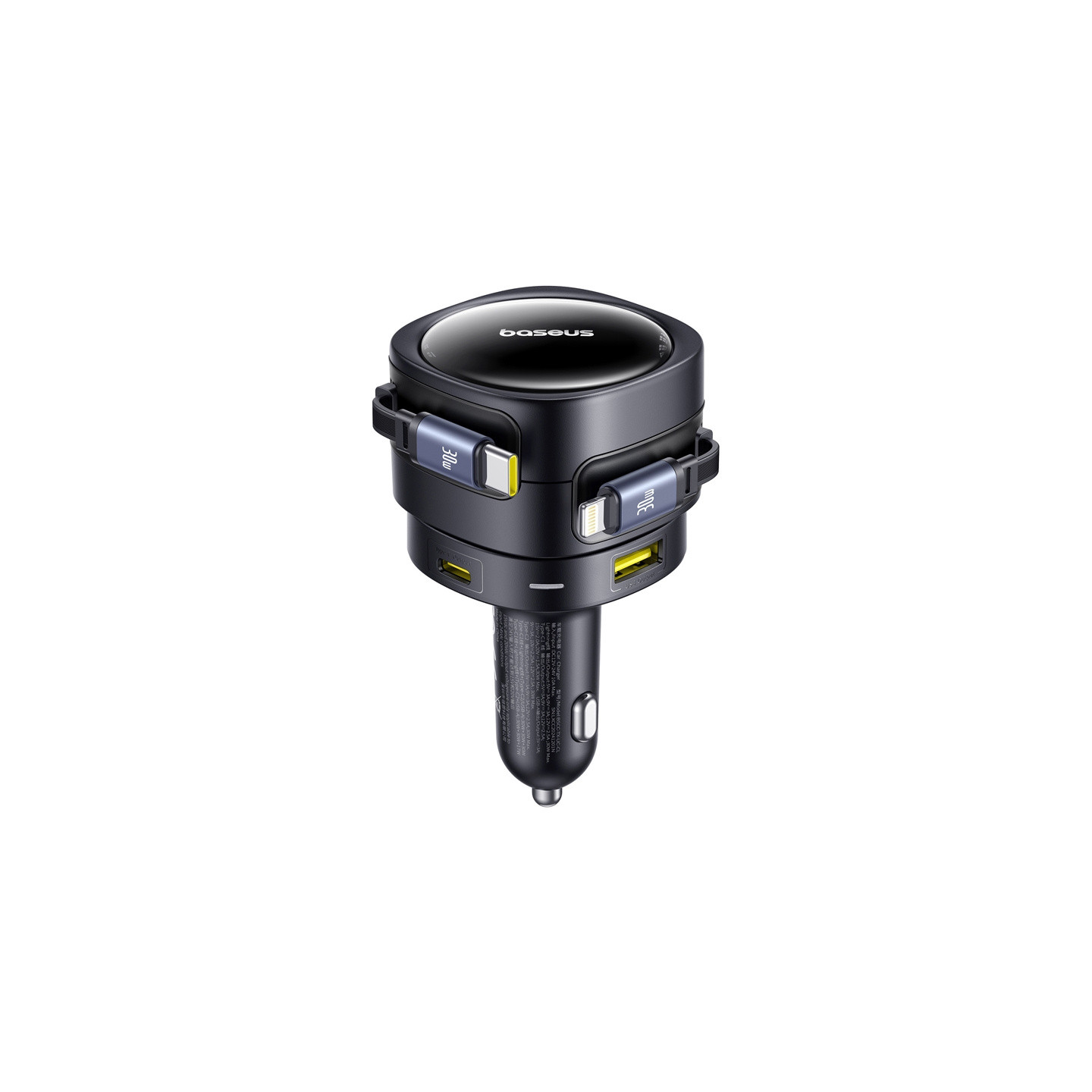 Baseus Enjoyment Max car charger with USB-C+Lightning cables and USB-A+USB-C ports 90W Black