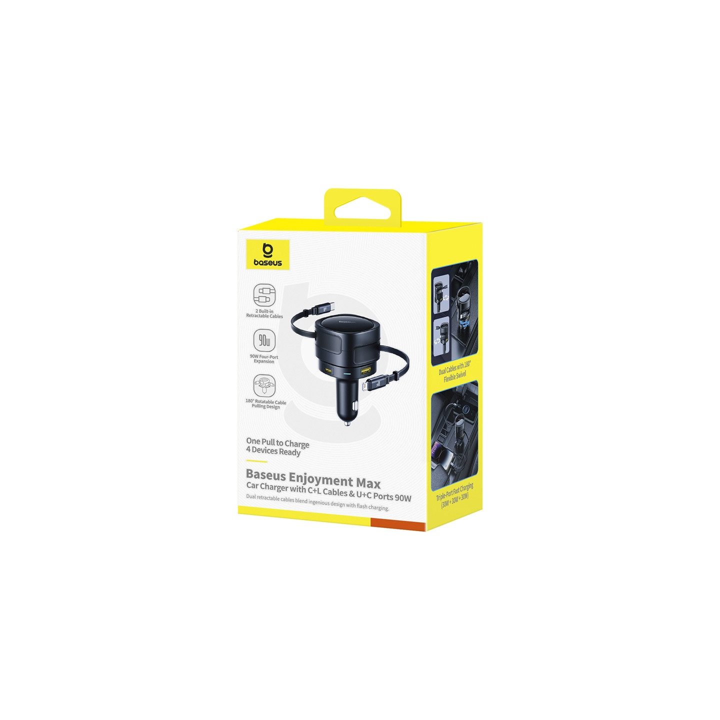 Baseus Enjoyment Max car charger with USB-C+Lightning cables and USB-A+USB-C ports 90W Black