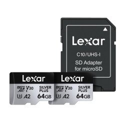 View product Set of 2 Lexar High-Performance Silver Plus microSDXC 2x64GB memory cards + adapter