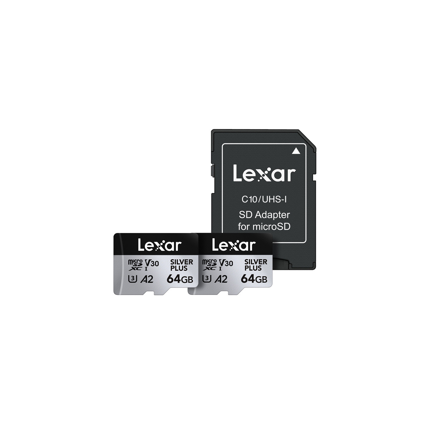 Set of 2 Lexar High-Performance Silver Plus microSDXC 2x64GB memory cards + adapter