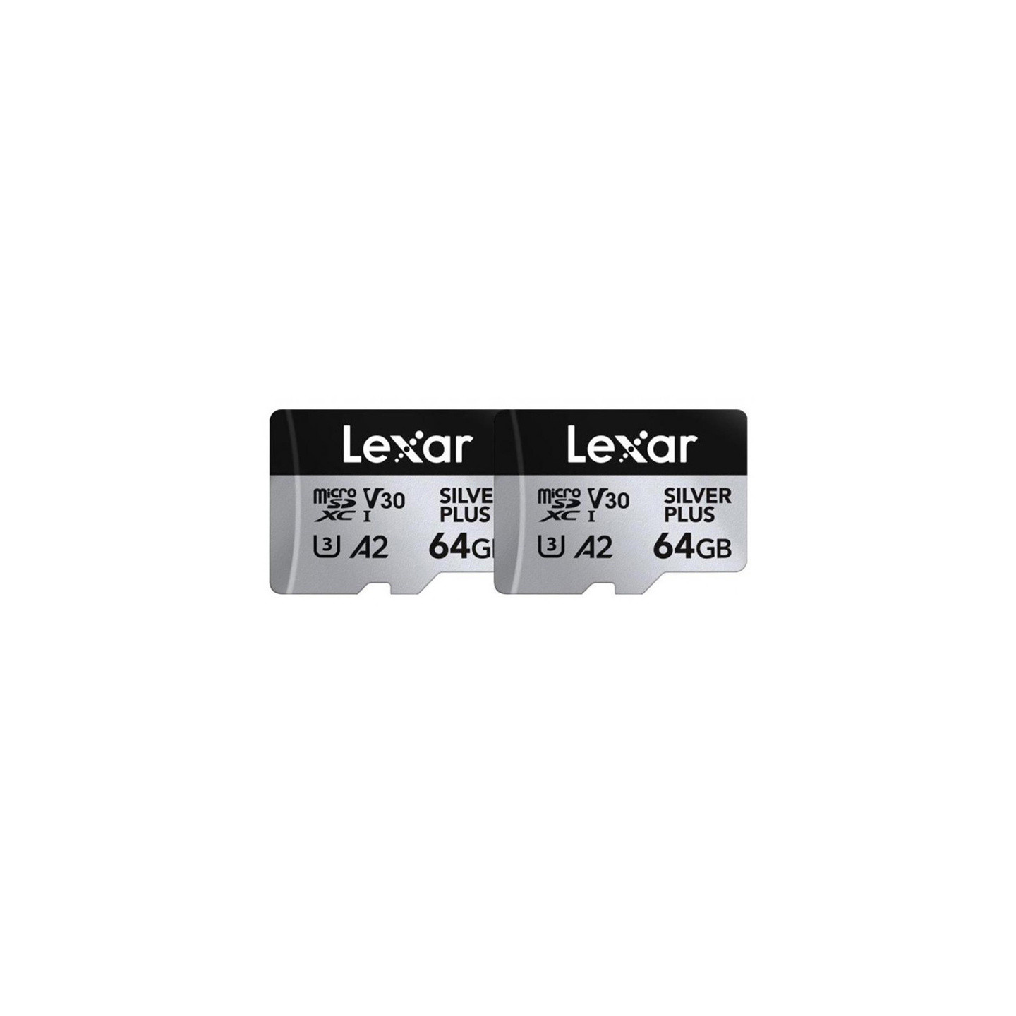 Set of 2 Lexar High-Performance Silver Plus microSDXC 2x64GB memory cards + adapter