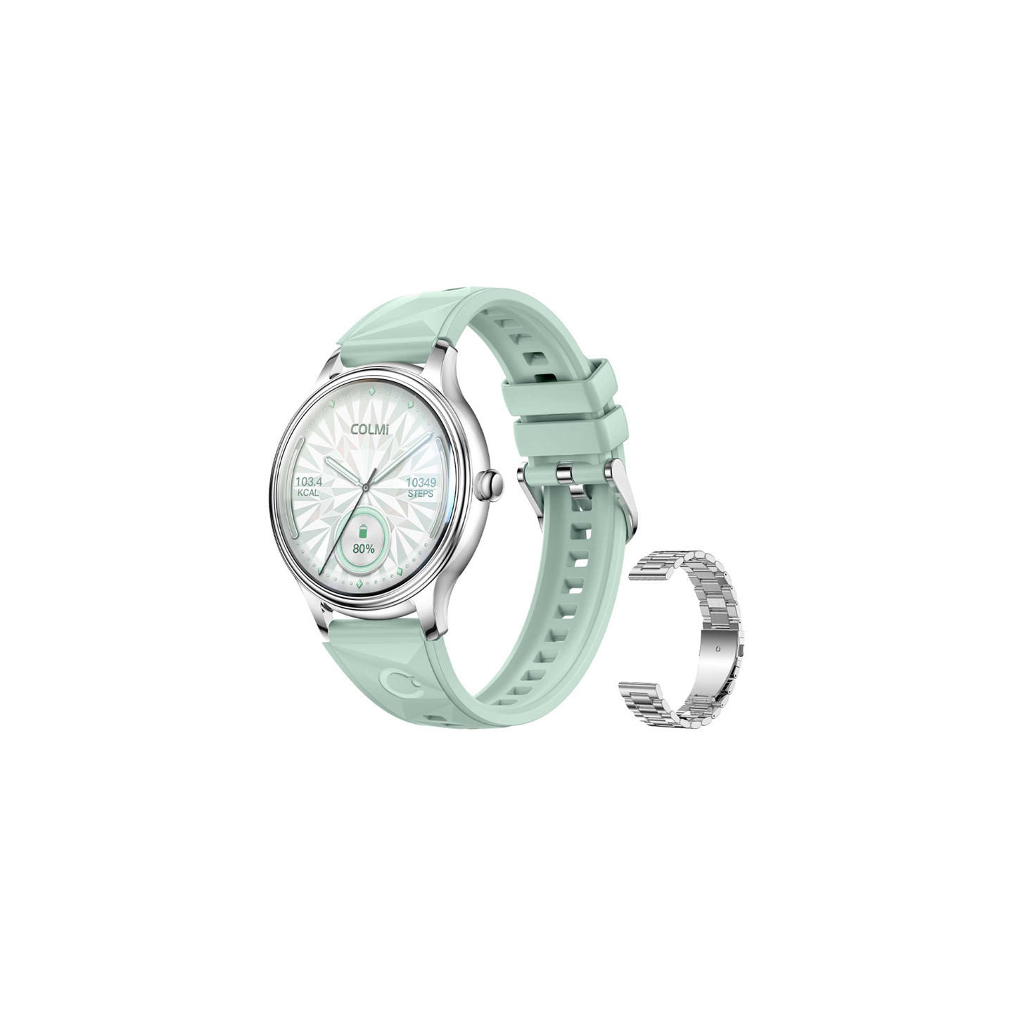 COLMI L28 Smart Watch (Silver-green + silver steel strap)