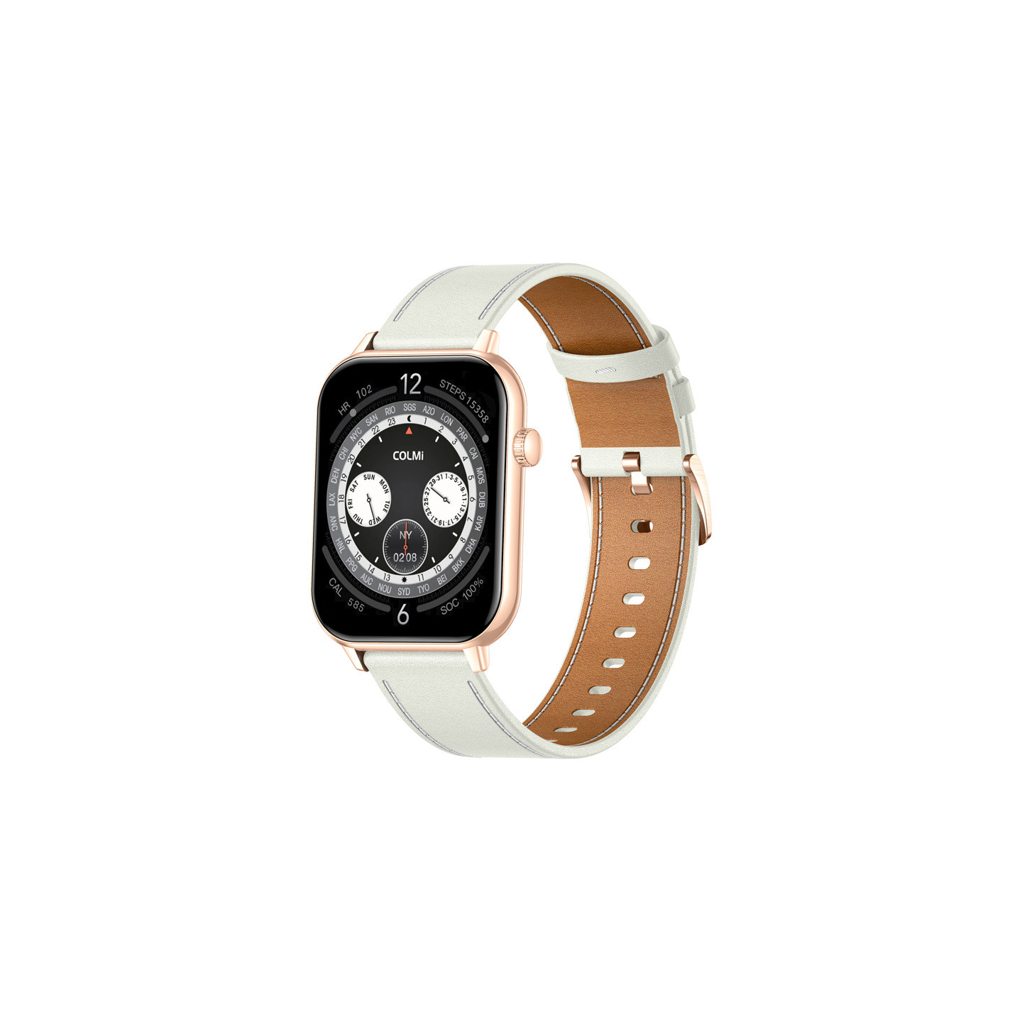 COLMI C28 Smartwatch in Gold with a White Leather Strap
