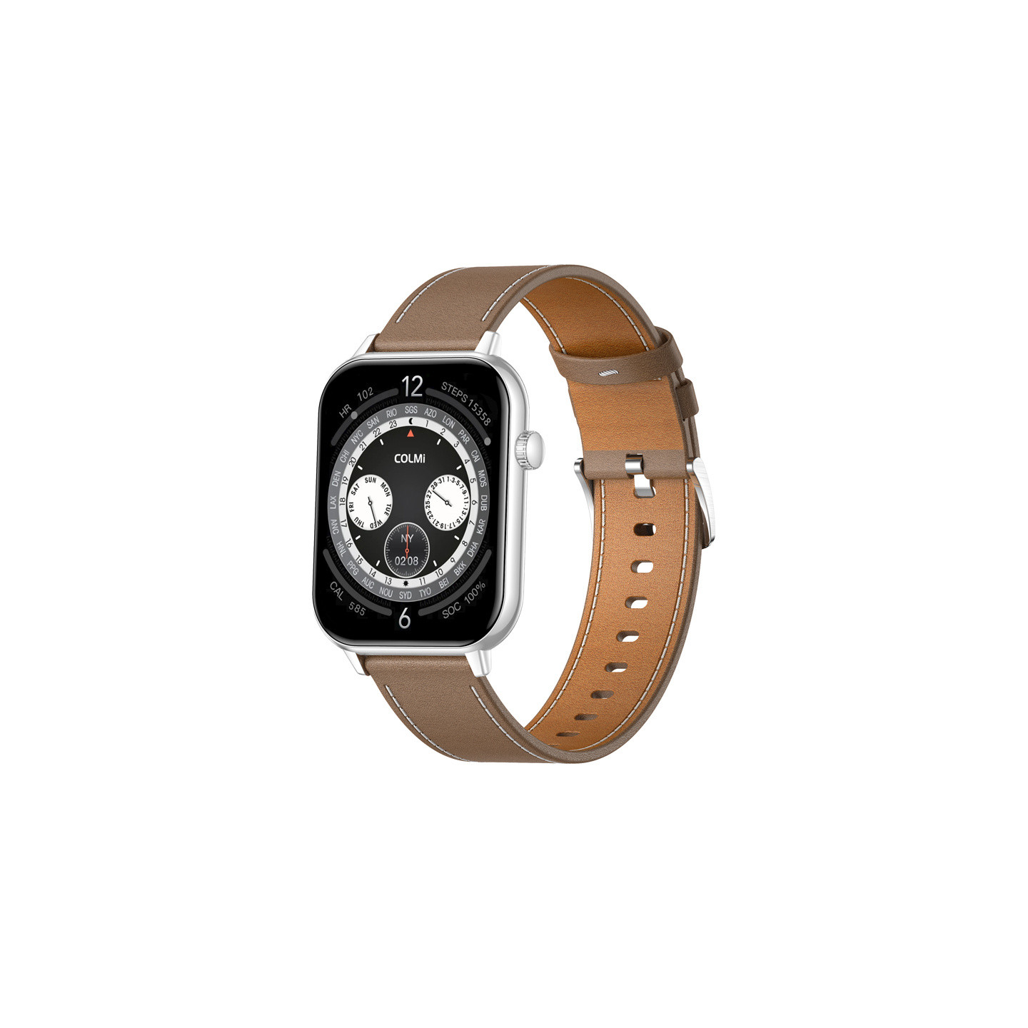 COLMI C28 Smartwatch – Silver + Brown Leather Strap