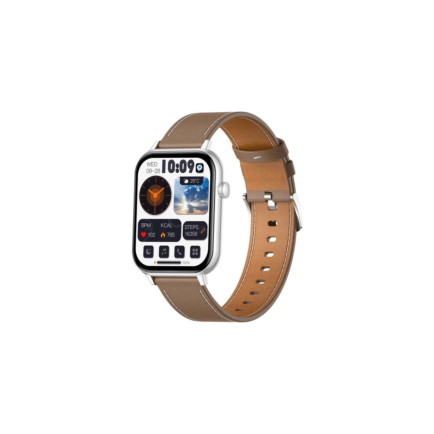 COLMI C28 Smartwatch – Silver + Brown Leather Strap