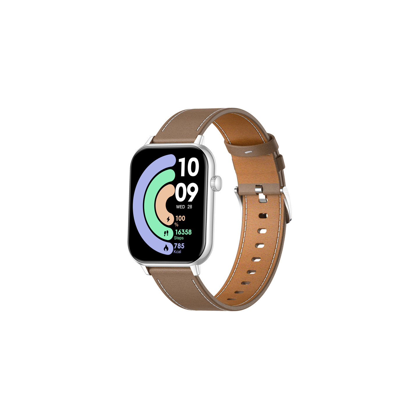 COLMI C28 Smartwatch – Silver + Brown Leather Strap