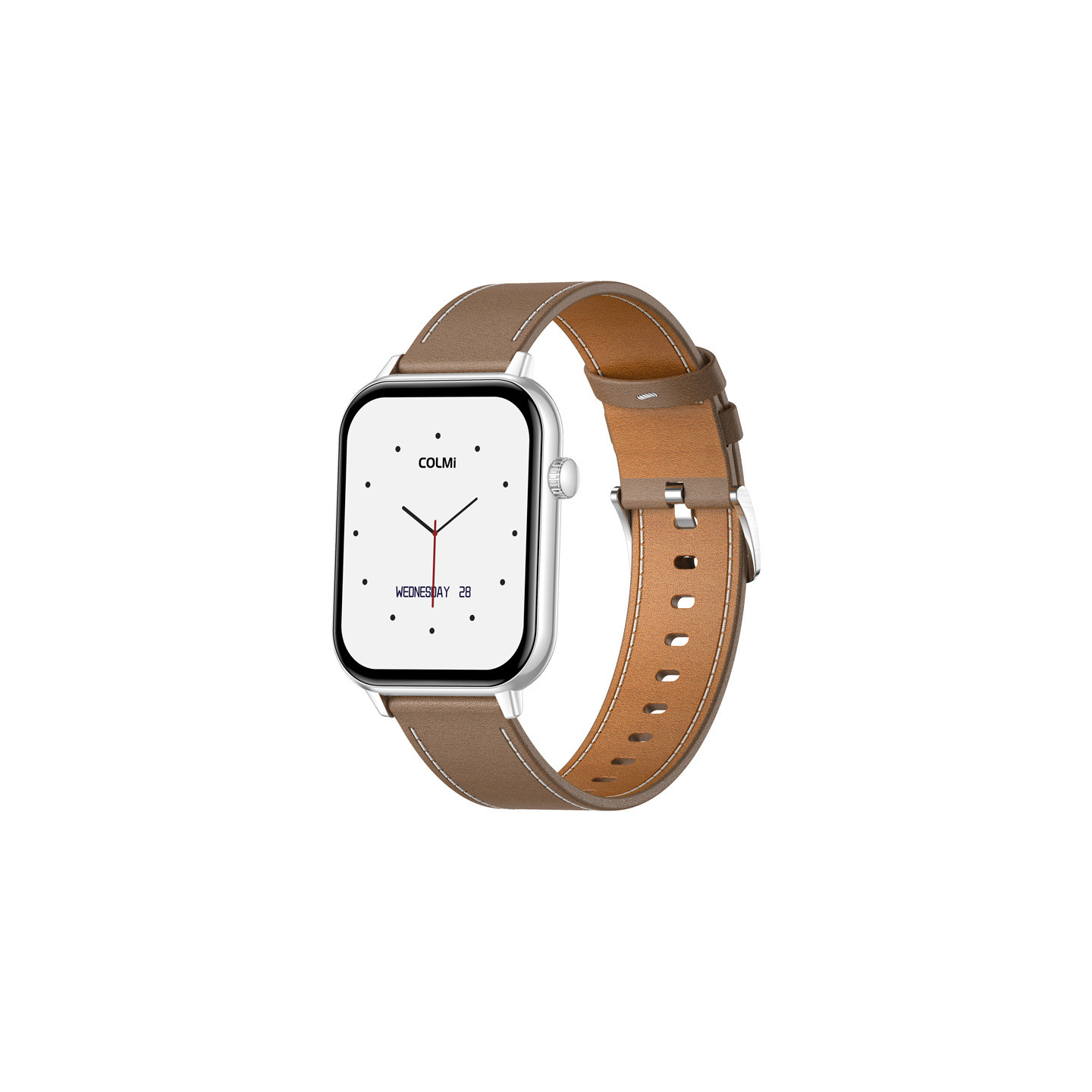 COLMI C28 Smartwatch – Silver + Brown Leather Strap