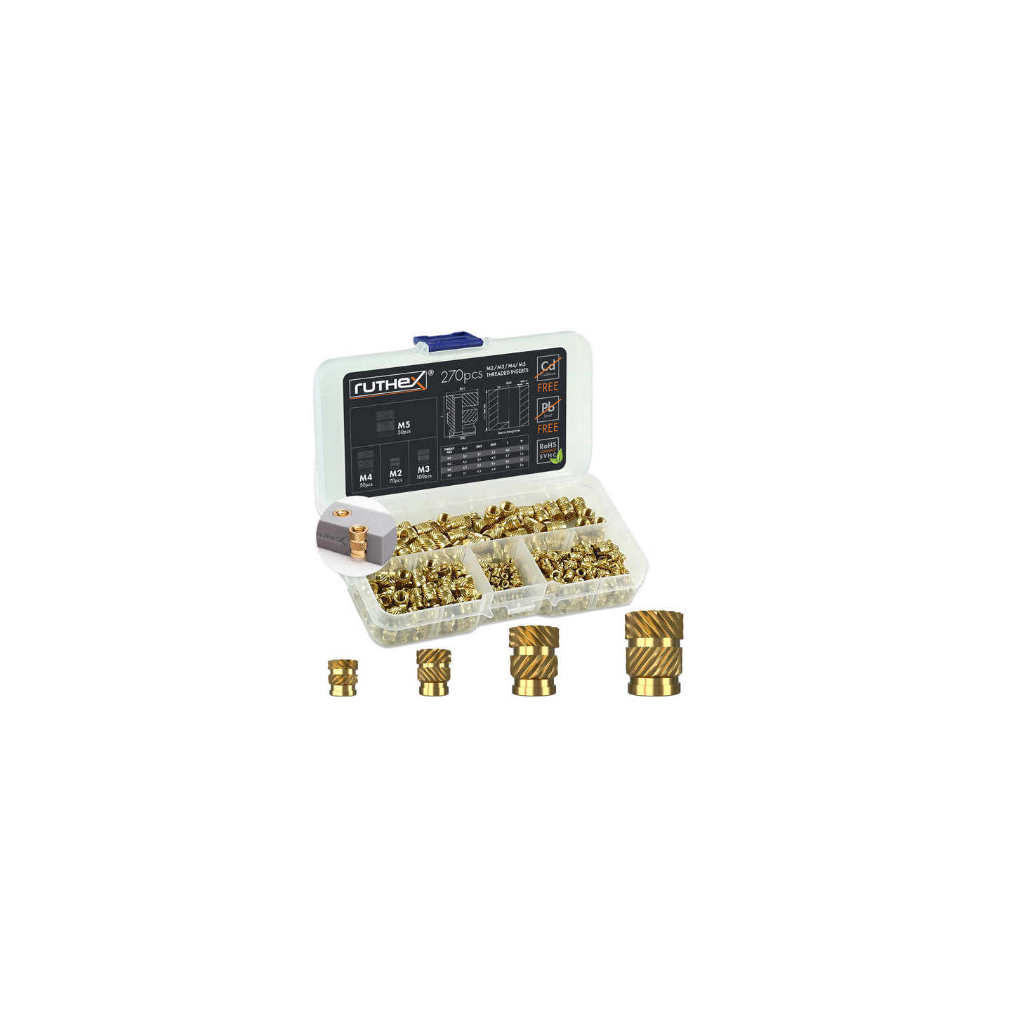 Ruthex M2 / M3 / M4 / M5 Threaded Insert Assortment Box - 270pcs