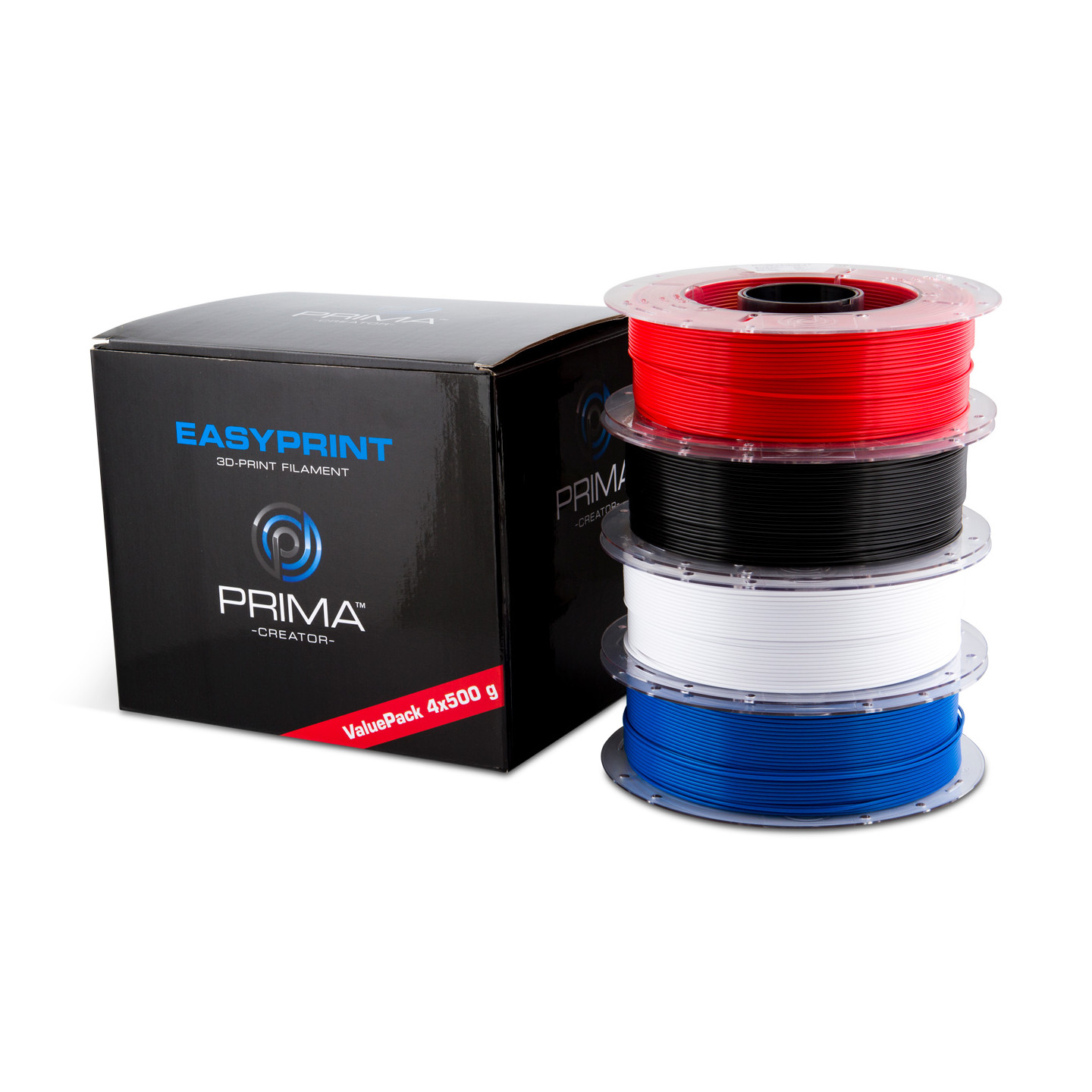 EasyPrint PLA Value Pack Standard - 1.75mm - 4x 500 g (Total 2 kg) - White, Black, Red, Blue