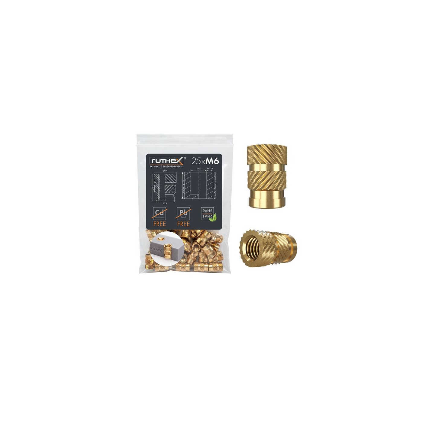 Ruthex M6 threaded insert – Rx-M6x12.7 - 25 pcs
