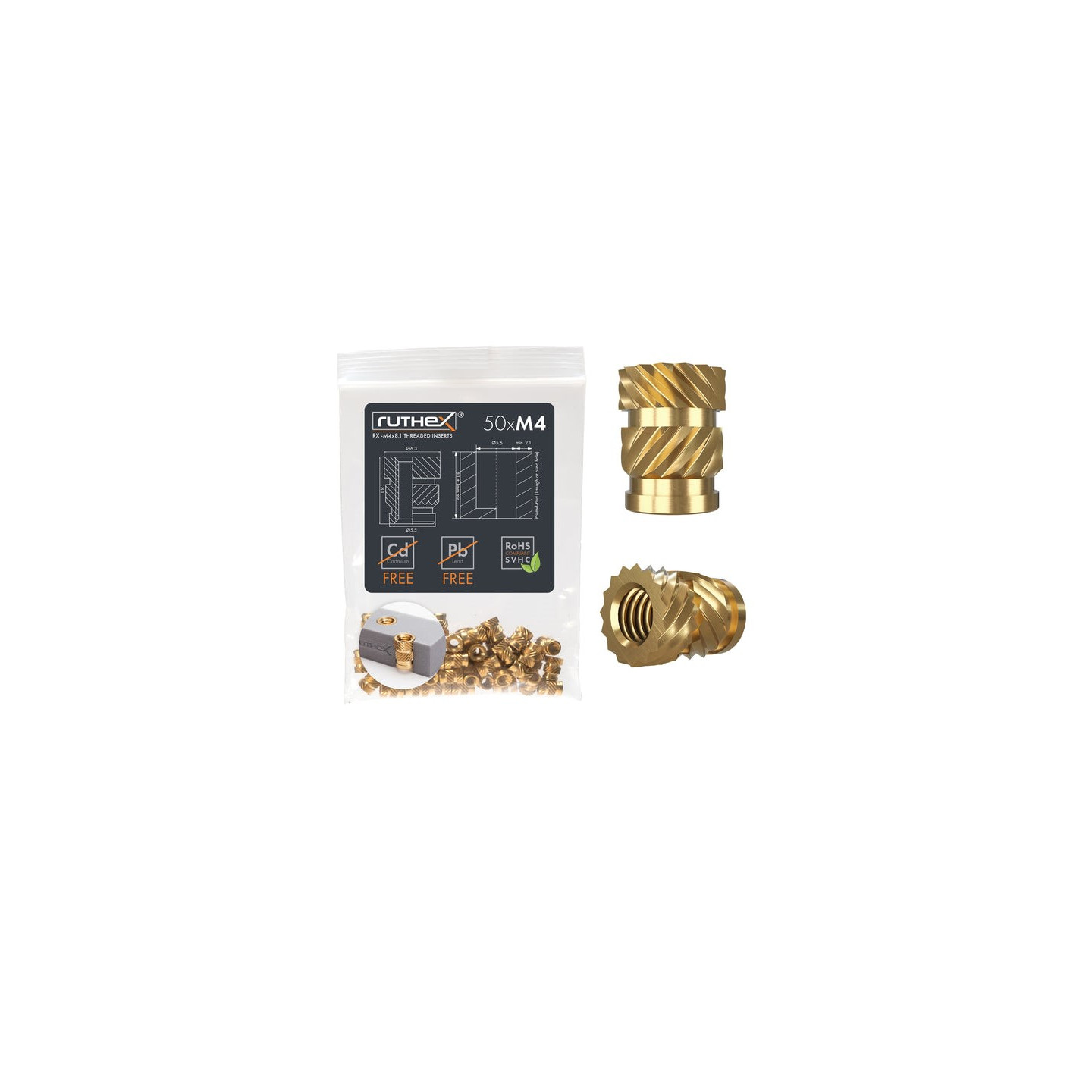 Ruthex M4 threaded insert – Rx-M4x8.1 - 50 pcs