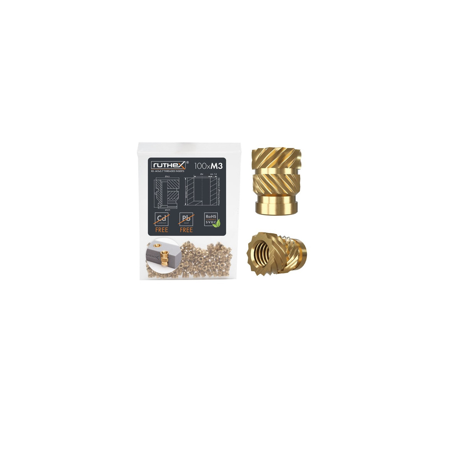 Ruthex M3 threaded insert – Rx-M3x5.7 - 100 pcs