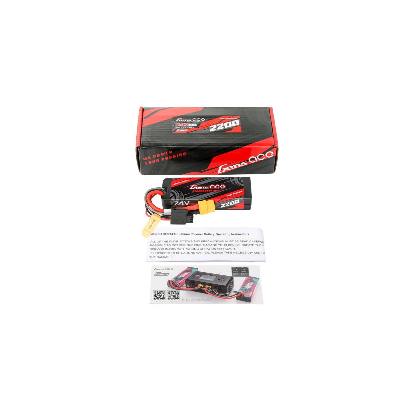 Lipo Gens ace G-Tech 2200mAh 7.4V 2S1P 60C GRP-76 Hardcase Battery with XT60 Plug